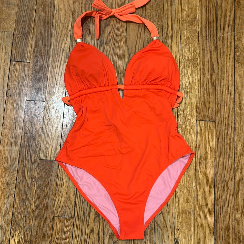 NWT Boden red orange combo halter one piece swimsuit tie back vacation summer 10
